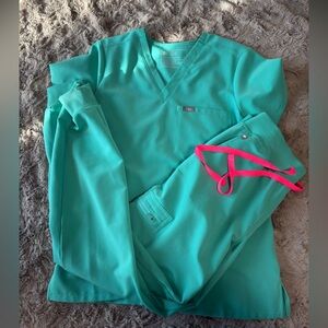 Figs Aqua Scrub Set with Neon Pink Accents